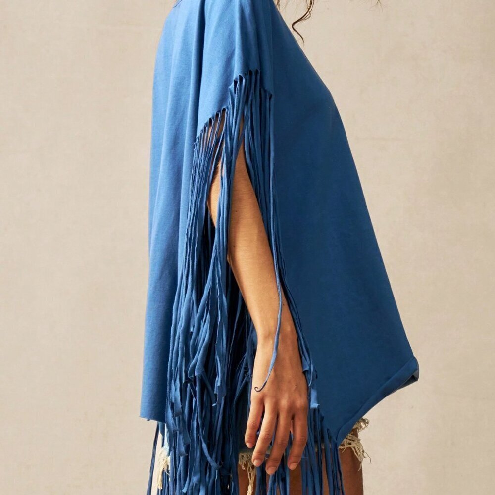 Blue Casual Women's Tropical Vacation Clothes Knit Oblique Collar Fringe T-Shirt - Picture 6 of 7